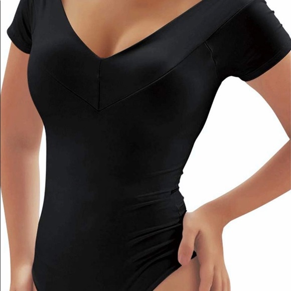 Women's V Neck Bodysuits Short Sleeve Jumpsuits - Picture 3 of 5